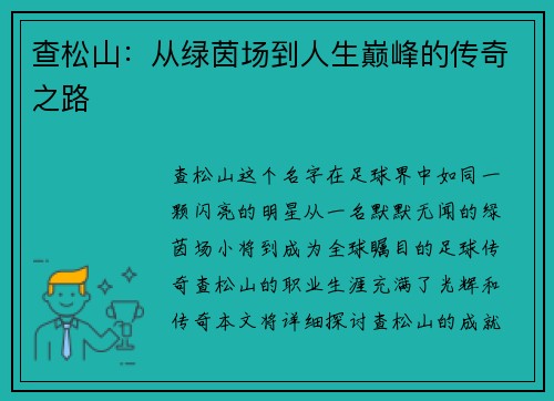 查松山：从绿茵场到人生巅峰的传奇之路