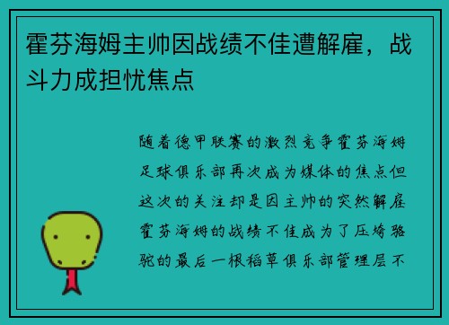 霍芬海姆主帅因战绩不佳遭解雇，战斗力成担忧焦点